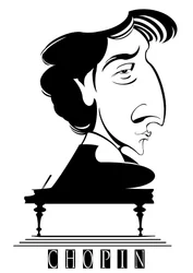 Frederic Chopin, französisch-polnischer Komponist und Pianist (1810-49), schwarz-weiße Karikatur mit Klavier